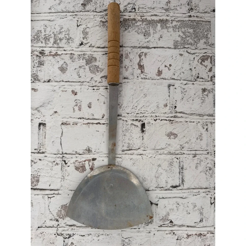 Vintage Wok Spatula and Skimmer Set Wood Handle Metal Kitchen Utensils